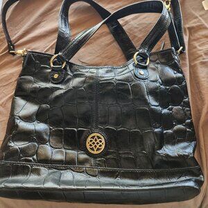 Antonio Melani Black Satchel Purse Leather Handbag Shoulder Pockets Large